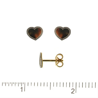 18k Solid Two Tone Gold Polished Heart with Satin White Border Post Earrings , Amalia Jewelry