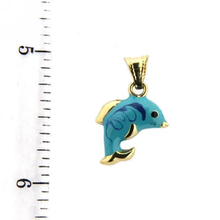 18K Yellow Gold Aqua Enamel Dolphin Charm (12mm x 15mm / 23mm with Bail) Amalia Jewelry