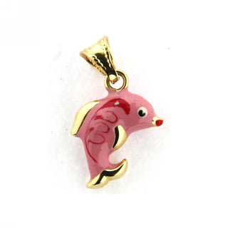 18K Yellow Gold Pink Enamel Dolphin Charm (12mm x 15mm / 23mm with Bail) , Amalia Jewelry