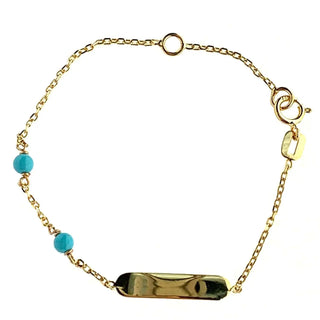 18K Solid Yellow Gold Two Turquoise beads Id Bracelet 5.5 inches , Amalia Jewelry