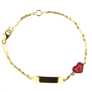18K Solid Yellow Gold Pink and Fuchsia Heart Id Bracelet 5.50 inches with extra ring 4.8 inches , Amalia Jewelry