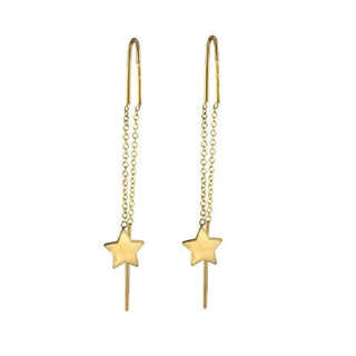 18K Solid Yellow Gold Thread Star Dangle Earrings 2 inches H. with hard curb Amalia Jewelry
