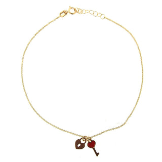 18K Solid Yellow Gold Lock and Red Enamel Key Anklet Bracelet 9 inches with extra rings starting at 8.50 inches , Amalia Jewelry
