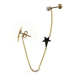 18K Solid Yellow Gold Mother of Pearl Shooting Star Chained to Pearl Stud Post Earrings , Amalia Jewelry