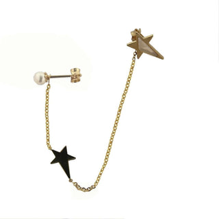 18K Solid Yellow Gold Mother of Pearl Shooting Star Chained to Pearl Stud Post Earrings , Amalia Jewelry