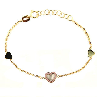 18k Solid Yellow Gold Mother of Pearl center Heart with pink enamel border Bracelet , Amalia Jewelry