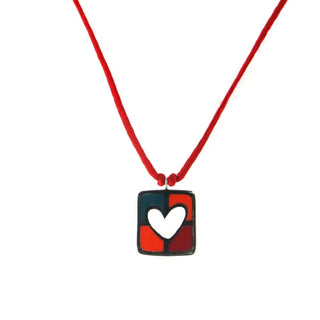 Sterling Silver Square Orange Red and Green cut-out Heart pendant Red Cord Necklace 16 inches , Amalia Jewelry