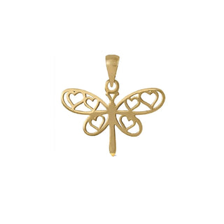 18K Solid Yellow Gold Open Hearts Dragon Fly Pendant , Amalia Jewelry