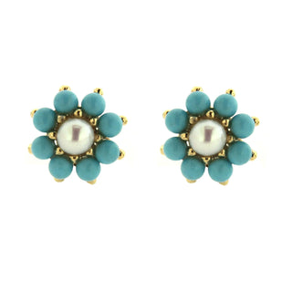 18K Solid Yellow Gold Turquoise and Pearl Flower Covered Screwback Earrings Amalia Jewelry