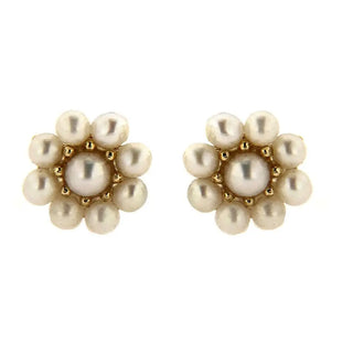18K Solid Yellow Gold Cultivated Pearls Flower Covered screwback Earrings Amalia Jewelry