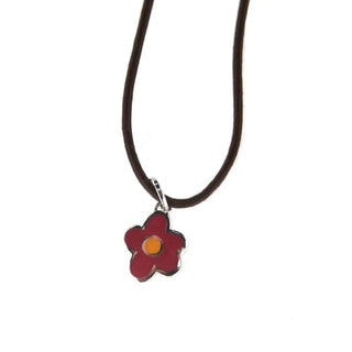Sterling Silver red enamel and orange center flower necklace brown lether cord 17 inches. 110MIL , Amalia Jewelry