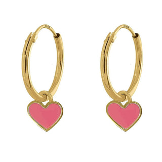 18K Solid Yellow Gold Pink Enamel Dangle Heart Endless Hoop Earrings , Amalia Jewelry
