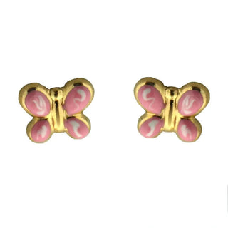 18K Yellow Gold Pink Enamel Butterfly Earrings (7mm) , Amalia Jewelry