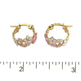 18K Yellow Gold Pink Enamel Flower Hoops (13mm / 7mm Flower width) Amalia Jewelry