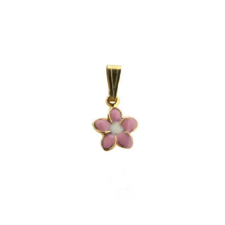 18K Yellow Gold Pink Enamel Flower Charm (6mm/14mm with Bail) , Amalia Jewelry