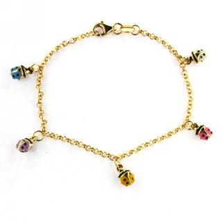18K Solid Yellow Gold Multi Color Hanging Lady Bug Charm Bracelet 6 inches Amalia Jewelry