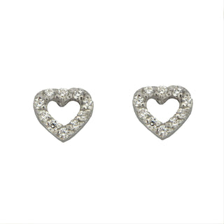 18K Solid White Gold Open Zirconia Small Heart Covered Screwback Earrings , Amalia Jewelry