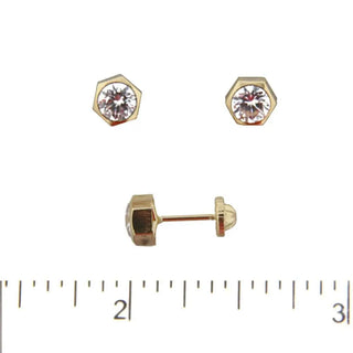 18K Solid Yellow Gold Hexagonal Cubic Zirconia Stud Screwback Earrings , Amalia Jewelry