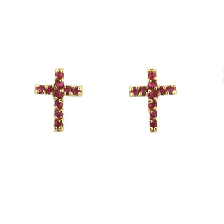 18k Solid Yellow Gold Red Zirconia Cross Covered Screwback Earrings , Amalia Jewelry