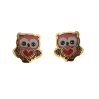 18k Solid Yellow Gold Enamel Owl with center Heart Covered Screwback Earrings , Amalia Jewelry
