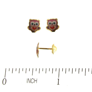 18k Solid Yellow Gold Enamel Owl with center Heart Covered Screwback Earrings , Amalia Jewelry