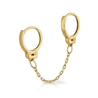 18K Solid Yellow Gold Chained Handcuff Hinged Hoops Earrings , Amalia Jewelry