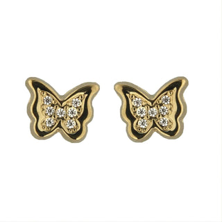 18K Solid Yellow Gold White Zirconia Butterfly Covered Screwback Earrings , Amalia Jewelry