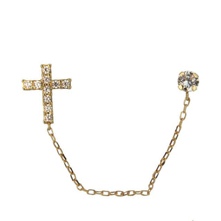 18K Sold Yellow Gold Zirconia Cross Chained to Zirconia Stud Post Earring Amalia Jewelry