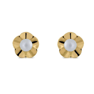 18K Solid Yellow Gold Cultivated Pearl or Turquoise Waive Polished Flower Earrings Amalia Jewelry