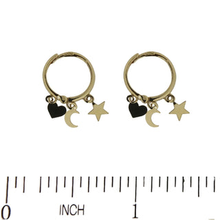 18k Solid Yellow Gold Polished Star Moon and Heart Charms Thin Hinged Hoop Huggie Earrings , Amalia Jewelry