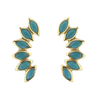 18K Solid Yellow Gold Marquise Turquoise Crawler Post Earrings Amalia Jewelry