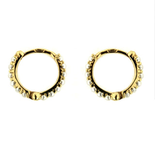 18K Solid Yellow Gold Pearls thin Hinge Huggie Hoop Earrings , Amalia Jewelry