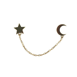 18K Solid Yellow Gold Polished Star and Moon Chained Earring . , Amalia Jewelry