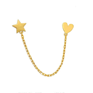 18K Solid Yellow Gold Polished Star and Heart Chained Studs Earring , Amalia Jewelry