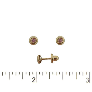 18K Yellow Gold Pink Zirconia bezel Stud Covered Screwback Earrings 0.16 inch Diameter Amalia Jewelry
