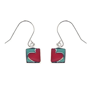 Sterling Silver turquoise blue and fuchsia enamel heart design square dangle hook earrings. , Amalia Jewelry