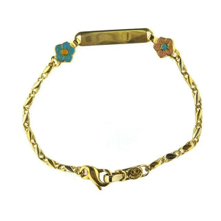 18K Yellow and white Gold 6 inch ID Bracelet with Pink and Blue Enamel Flowers , Amalia Jewelry