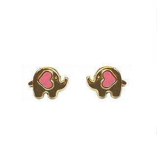 18K Solid Yellow Gold Small Pink Enamel Heart Elephant Covered Screwback Earrings Amalia Jewelry