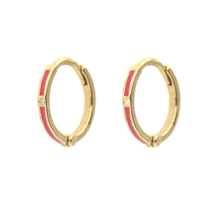 18k Solid Yellow Gold Zircon and Enamel Hinged Huggie Hoop Earrings , Amalia Jewelry