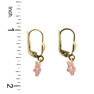 18K Solid Yellow Gold Pink Enamel Flower Lever Back Earrings , Amalia Jewelry