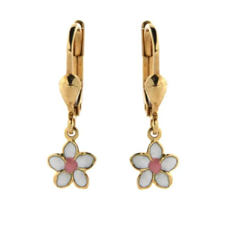 18K Yellow Gold White and Pink Enamel Flower Lever Back Earrings 7mm Flower/Length 23mm 0.93 inch , Amalia Jewelry