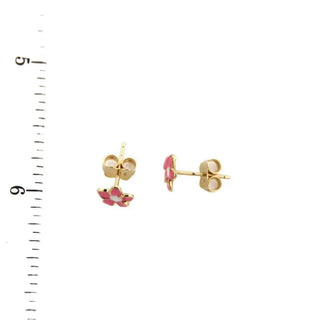 18K Yellow Gold Pink Enamel Flower Earrings (6mm) , Amalia Jewelry