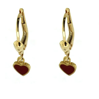 18K Yellow Gold Red Enamel Heart Leverback Earrings (21mm X 5mm) , Amalia Jewelry