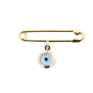 18K Solid Yellow Gold Dangle Evil Eye Safety Pin Pendant , Amalia Jewelry