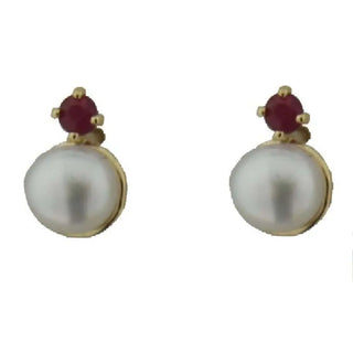 18K Solid Yellow Gold Cultivated Pearl and Ruby Covered Screwback Girl Earrings , Amalia Jewelry