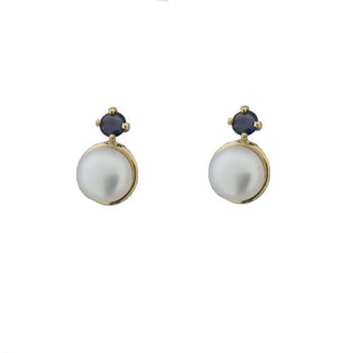 18K Solid Yellow Gold Pearl and Sapphire Covered Screwback Girl Earrings , Amalia Jewelry
