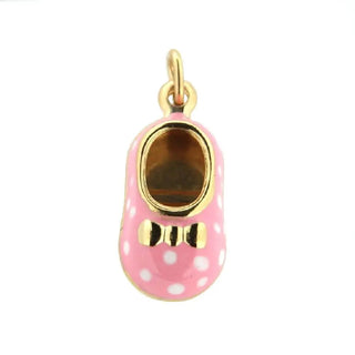 18K Yellow Gold Pink Enamel Shoe Charm With polka dots (15mm X 10mm/25mm with Bail) , Amalia Jewelry