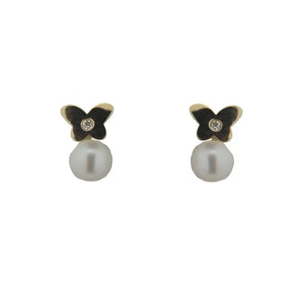 18K Solid Yellow Gold Diamond Butterfly and Cultivated Pearl Covered Screwback Earrings , Amalia Jewelry
