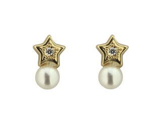 18K Solid Yellow Gold Pearl Star and Zirconia Covered Screwback Earrings Amalia Jewelry