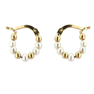 18K Solid Yellow Gold Cultivated Pearls and Gold beads Girl Hoops earrings 11mm Amalia Jewelry